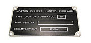 NOS Norton villiers Limited England 06.4916 registration tag frame number plate 850