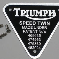 Triumph patent plate Speed Twin UK Made with rivets timing cover badge alloy