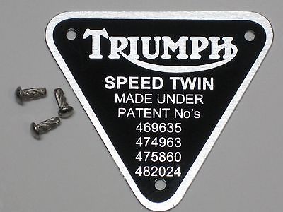 Triumph patent plate Speed Twin UK Made with rivets timing cover badge alloy