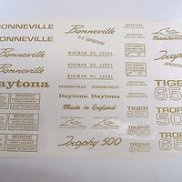 Mylar decal sheet Triumph unit 500 650 Bonneville Daytona Tiger Trophy GOLD