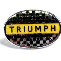 Triumph checkered flag oval yellow black lapel pin badge Made in England