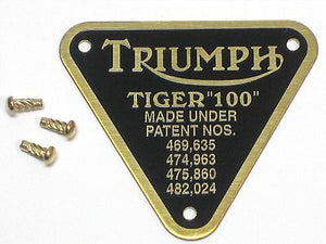 Triumph patent plate BRASS Tiger 100  UK Made with rivets timing cover badge