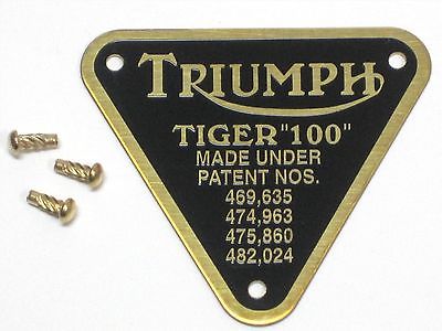 Triumph patent plate BRASS Tiger 100 UK Made with rivets timing