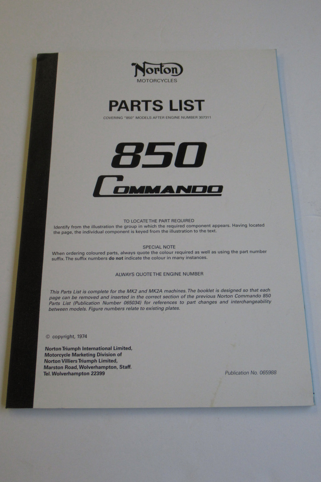 Norton Commando parts book spares MKII MK2 MK2A 850 after engine 307311 OEM 1974