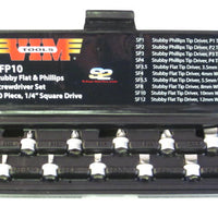 Stubby screwdriver set flat phillips 10 piece 1/4" square drive