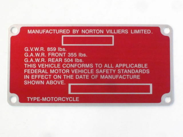 06-3247 Norton Commando red registration plate Certification Label