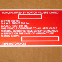 06-3247 Norton Commando red registration plate Certification Label